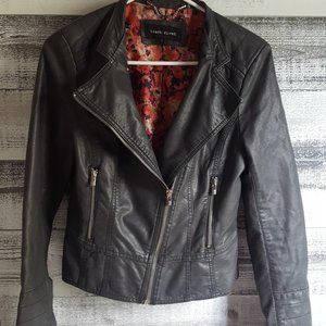 Gray Floral-lined Faux Leather Jacket Coat